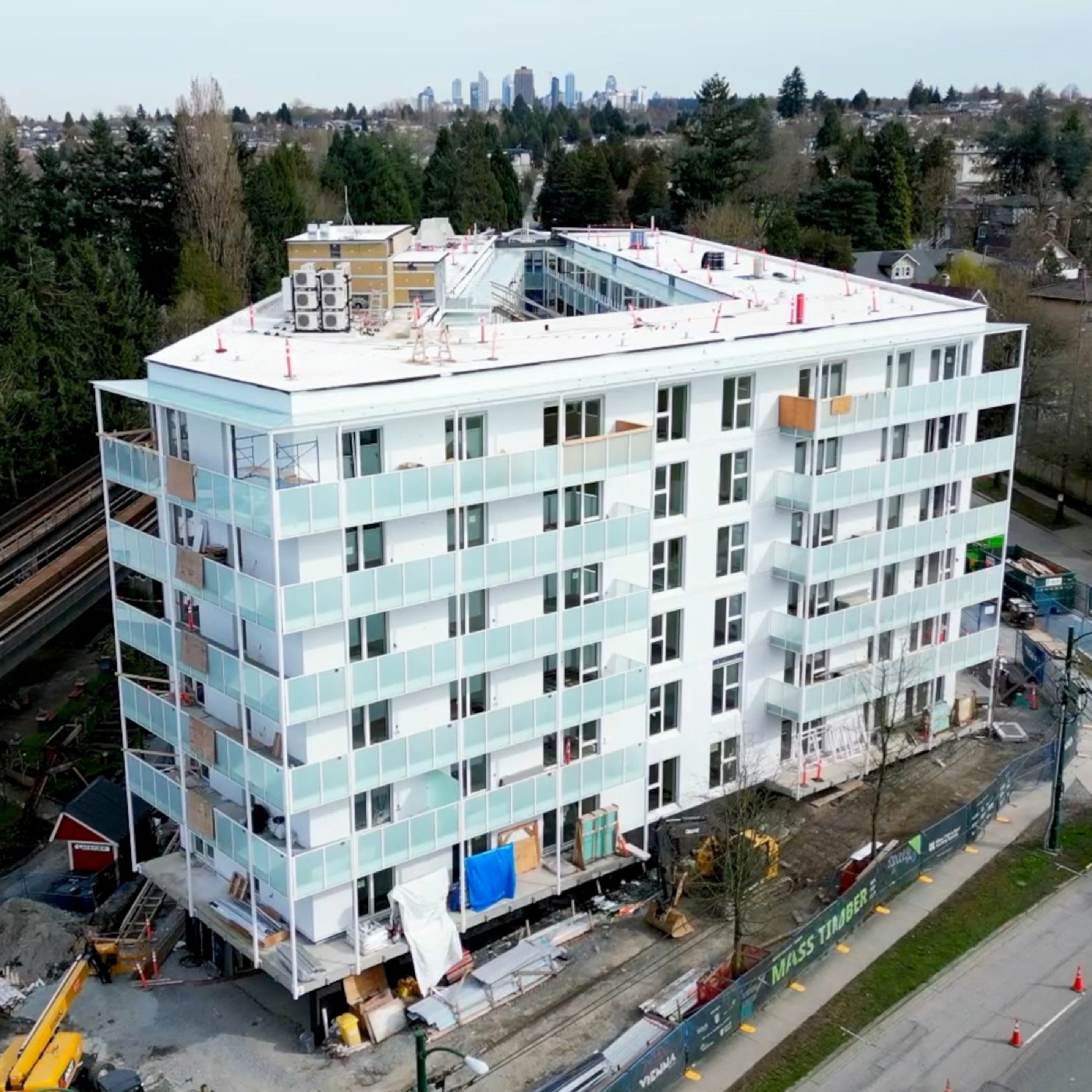 Aerial view of the completed Vienna House building in East Vancouver
